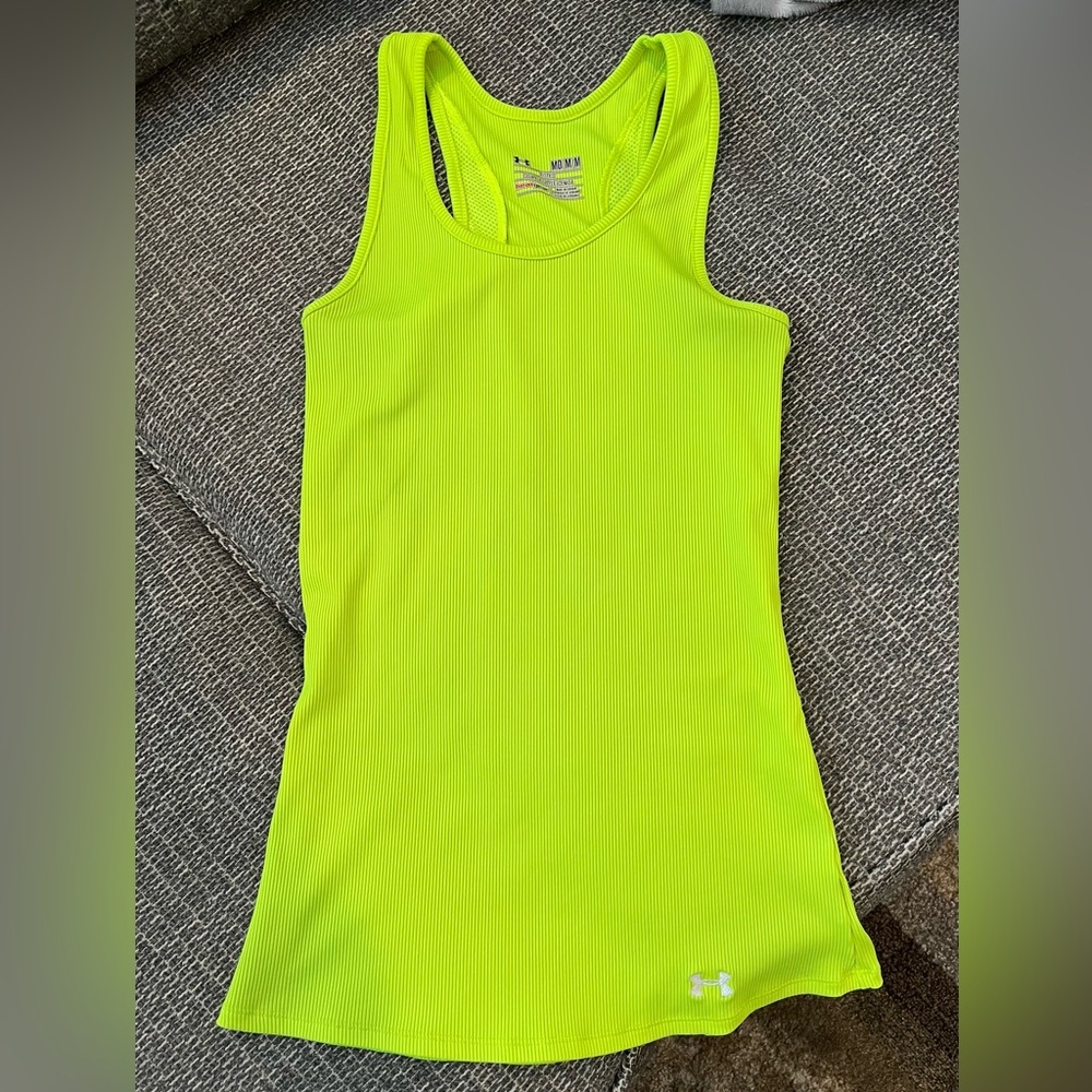 “Under Armour” ELECTRIC LIME GREEN athletic tank top; MEDIUM, HEAT GEAR; fitted